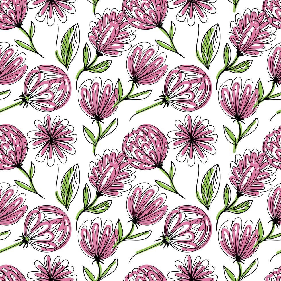 A seamless pattern of flowers, hand-drawn elements in a doodle style. Fancy flowers, buds and leaves. Black patterns with pink and green spots. vector