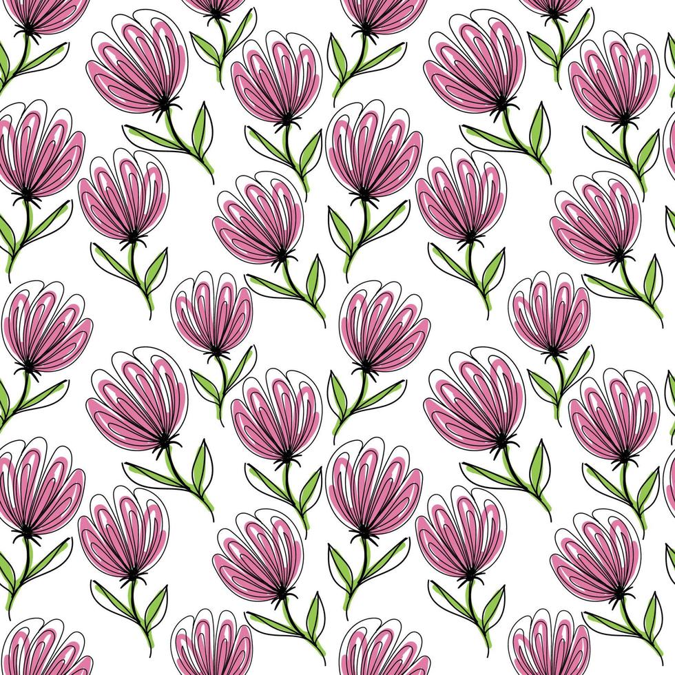 A seamless pattern of flowers, hand-drawn doodle-style elements. Whimsical flowers, buds, and peas. Black patterns with pink and green spots. vector