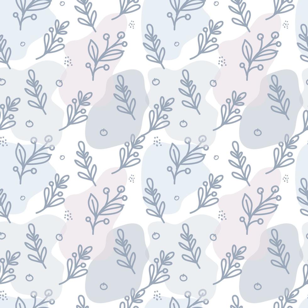 Seamless pattern of leaves and spots. Branches with berries and leaves. Pastel delicate palette. Flat style vector pattern.