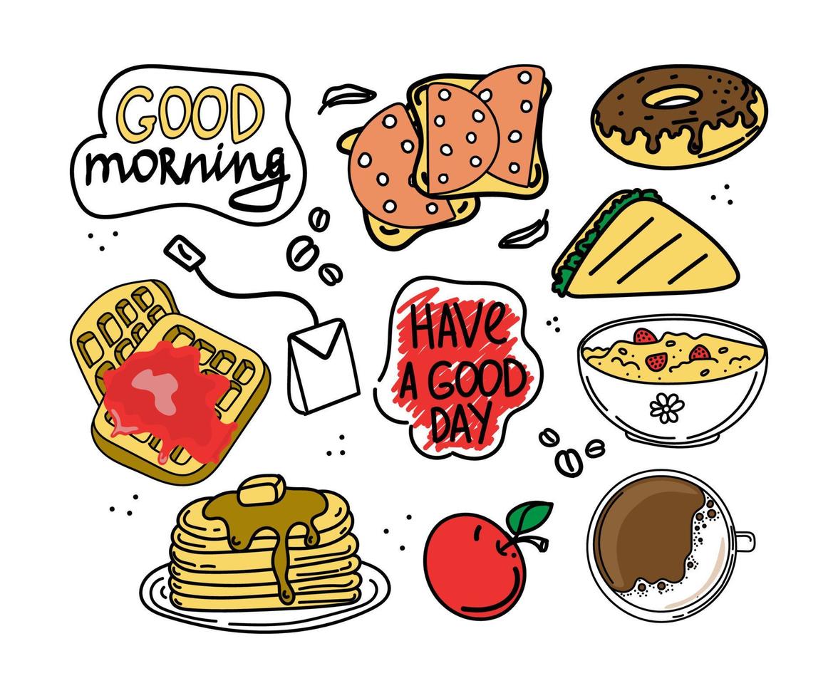 A set of food and drinks for breakfast. Hand-drawn doodle-style elements. Breakfast. Good Morning. Pancakes on a plate, waffles, porridge with berries and coffee. A simple vector in a doodle style.