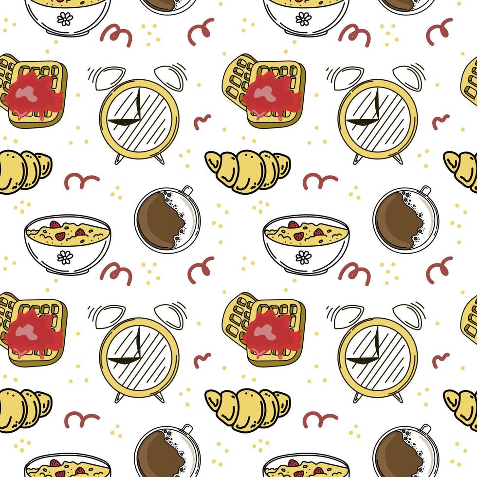 A seamless morning food pattern. Hand-drawn doodle-style elements. Breakfast. Good Morning. Alarm clock, coffee, porridge with berries and croissant. Simple doodle style vector. vector