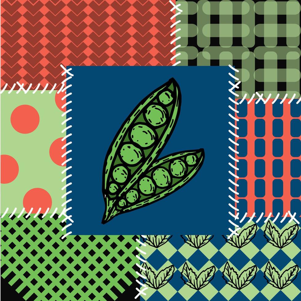Patchwork seamless pattern. Stripes of green polka dots, plaid, crochet and polka dots. Ornaments in bright colors. Flat style vector illustration.