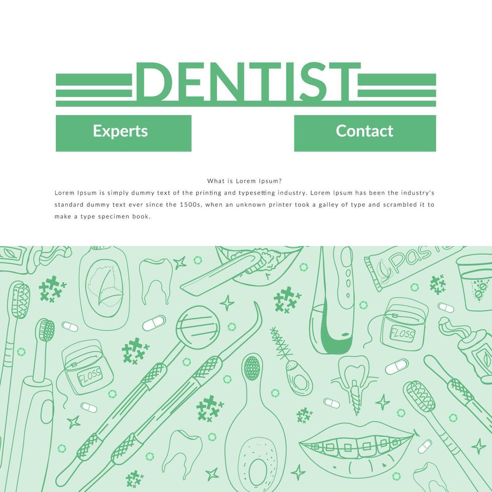 Woman dentist and patient during dental procedure. Dental office, tools and equipment. Doodle concept of dentistry for web banner, hero images and printing materials vector