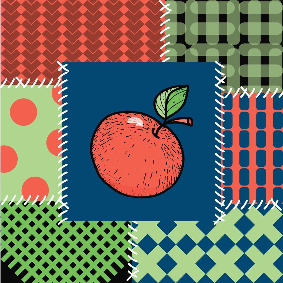 Patchwork seamless pattern. Apple, stripes, plaid, crochet and polka dots. Ornaments in bright colors. Flat style vector illustration.