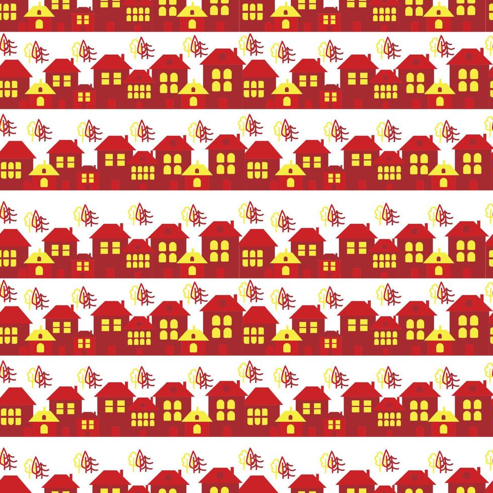 Winter pattern with cute houses, small trees. Christmas elements, vector illustration.