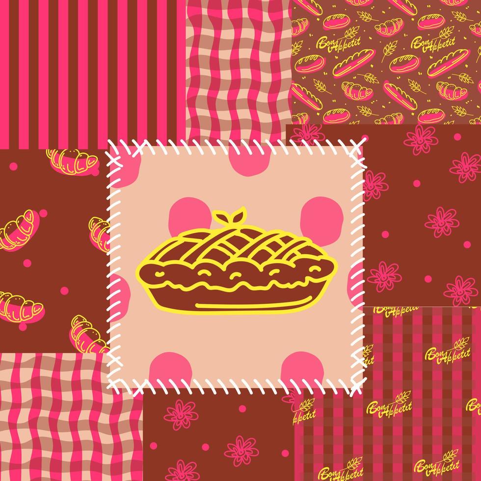 Patchwork seamless pattern. Pie, baked goods, cage, crochet and polka dots. Bon Appetit. Ornaments in bright colors. Flat style vector illustration.