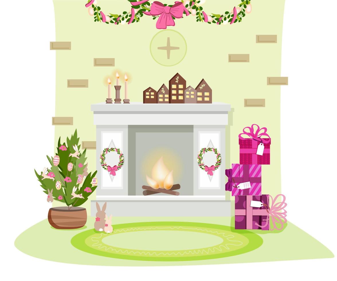 Fireplace with decorative houses, the tree is decorated with bunnies and eggs with patterns. Candles, boxes with gifts. Easter decorations on the wall. Interior decorated for Easter. vector