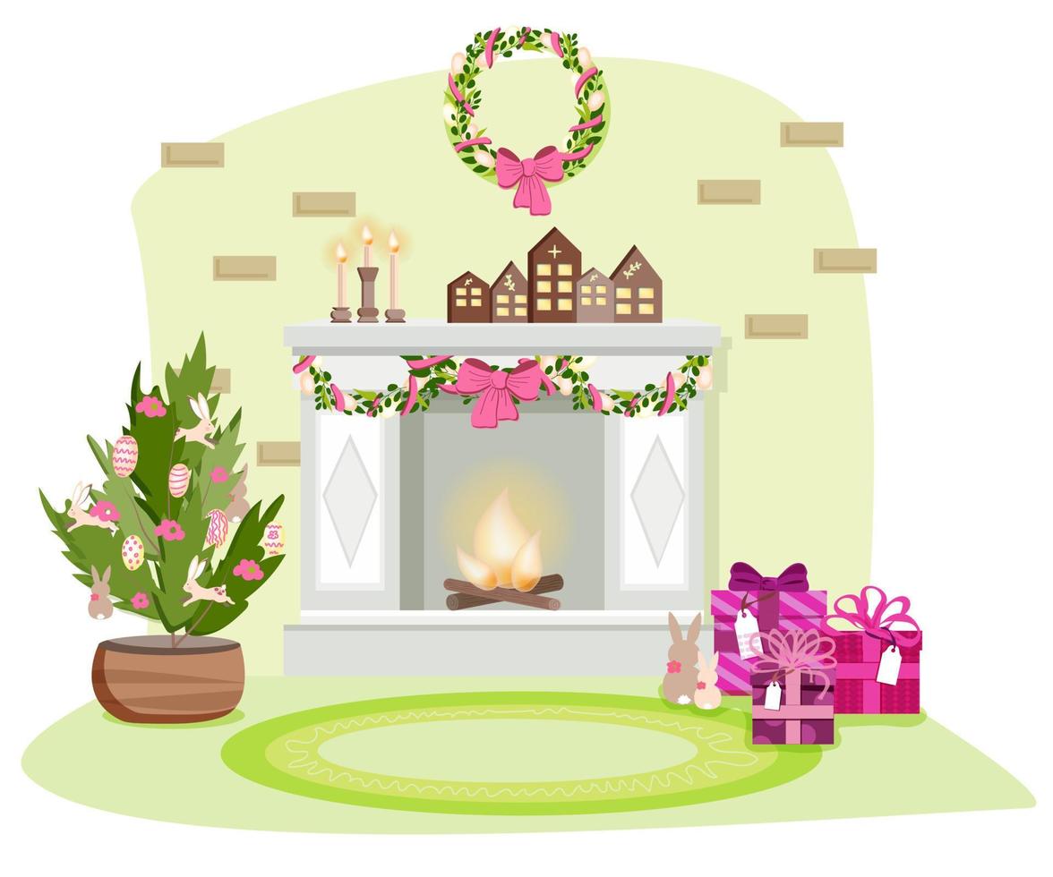 interior de la casa en estilo pascua. chimenea con casas decorativas, el árbol está decorado con conejitos y huevos con patrones. velas, regalos. corona de pascua en la pared. vector