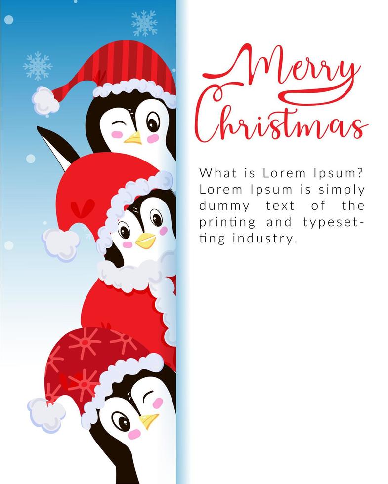 Greeting card with Christmas penguins. Gift, garland, cocoa and postcard. Vector illustration in a flat style.
