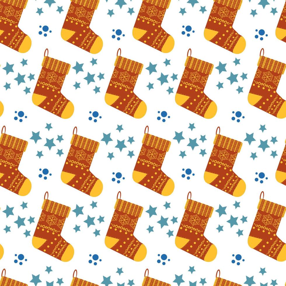 Seamless pattern on a white background. Cute socks with pictures. Stars, polka dots and Christmas socks. Vector in flat style.