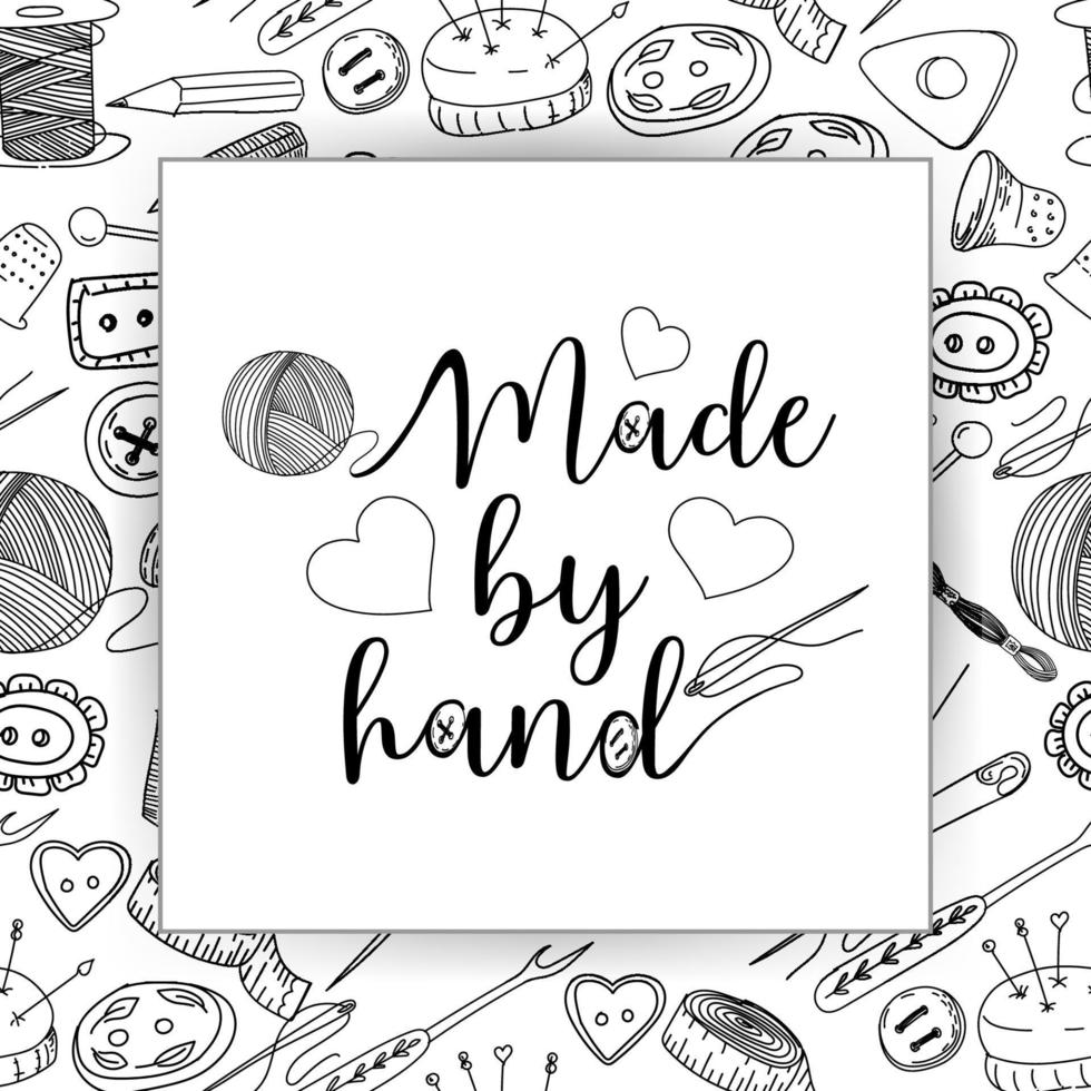 Handmade icons, needlework shop. Thread, needles, pins and buttons. Handmade lettering Hand-drawn doodle-style illustrations. vector