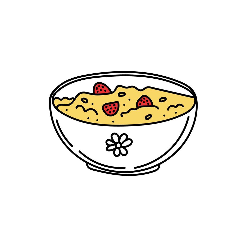 Hand-drawn, doodle-style porridge with berries. Time to get up. Breakfast. Morning. strawberries and oatmeal. Simple vector in doodle style.