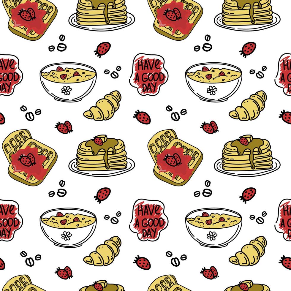 A seamless drawing of a morning meal. Hand-drawn doodle-style elements. Breakfast. Good Morning. Porridge with berries, croissant and waffles. Simple vector in doodle style.