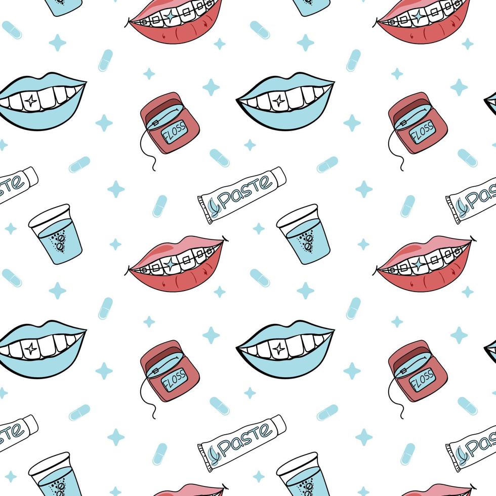 Smiles with and without braces. White beautiful teeth. Toothpaste, dental floss and oral tablets. Seamless pattern of elements on a white background. vector