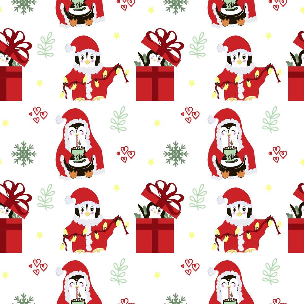 Christmas tree vector seamless pattern xmas gift design. Cute penguin. Vector illustration for your web design.