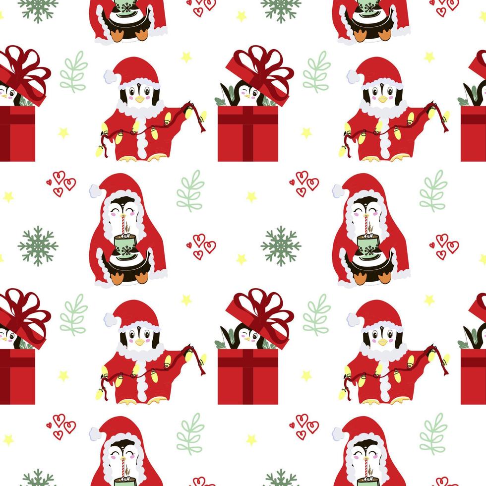 Christmas tree vector seamless pattern xmas gift design. Cute penguin. Vector illustration for your web design.