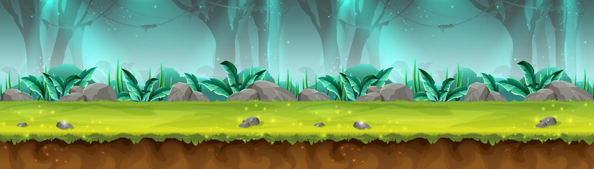 Vector cartoon style seamless mystery rain forest illustration for game design, app, websites.