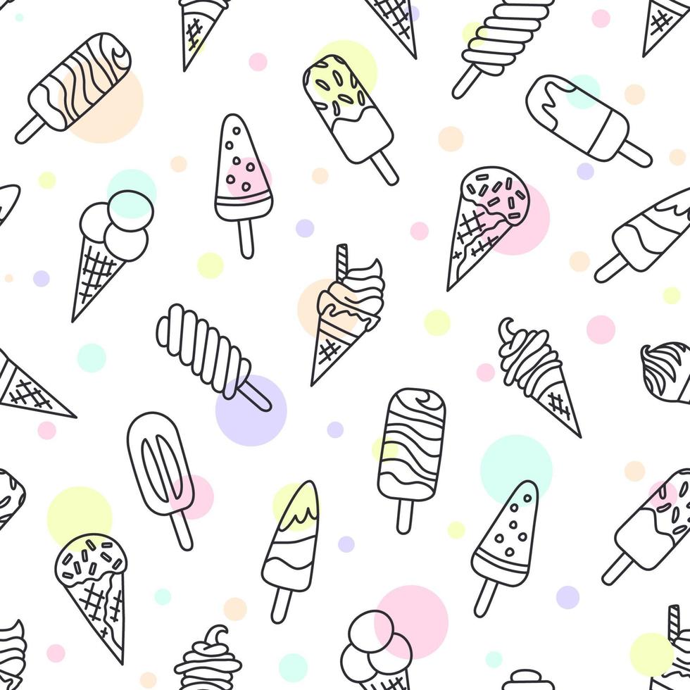 Ice cream, eskimo, waffle cone. Seamless pattern in doodle and cartoon style on white background. Vector illustration