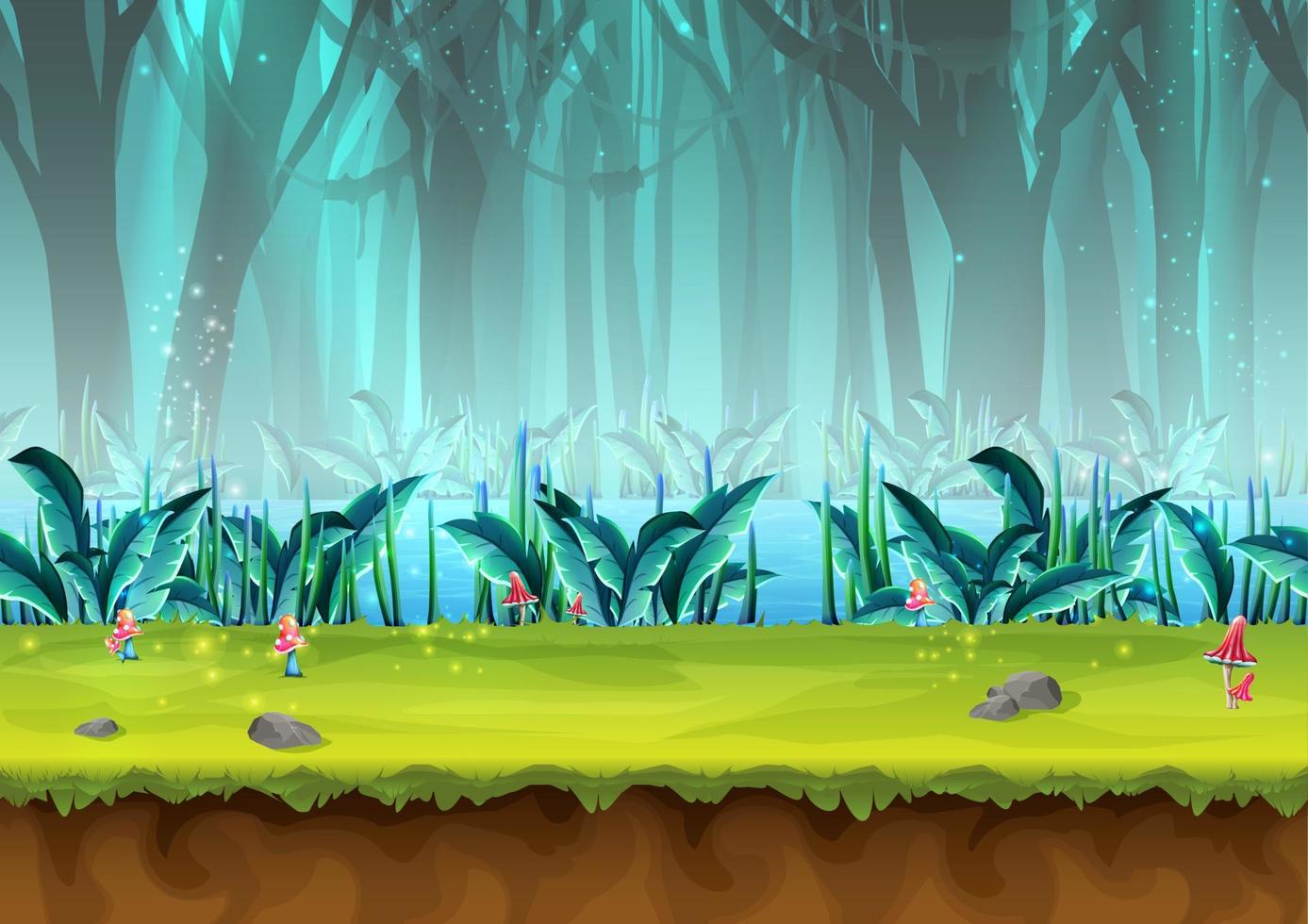 Vector cartoon style seamless mystery rain forest illustration for game design, app, websites.