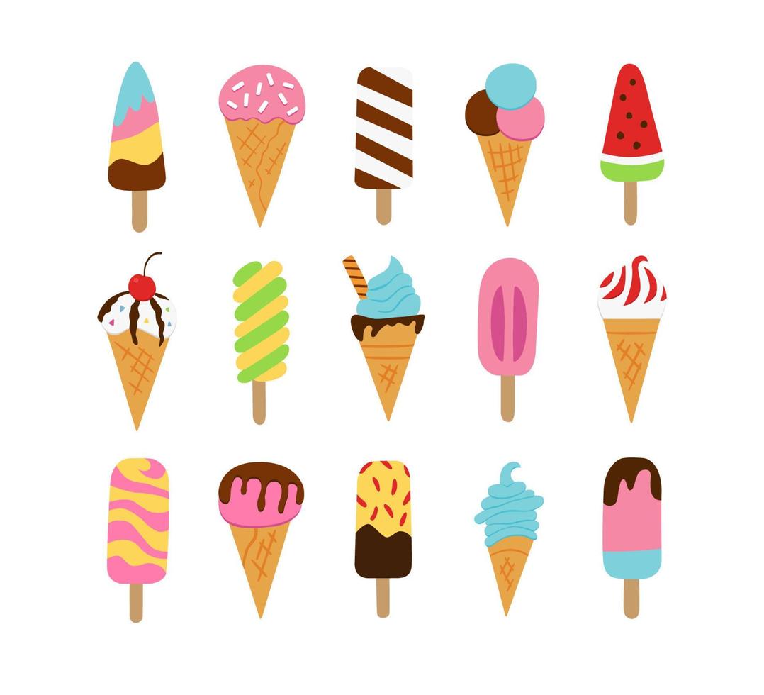 Ice cream, eskimo, waffle cone. Set of Icecreams in doodle and cartoon style. Vector illustration isolated on white background