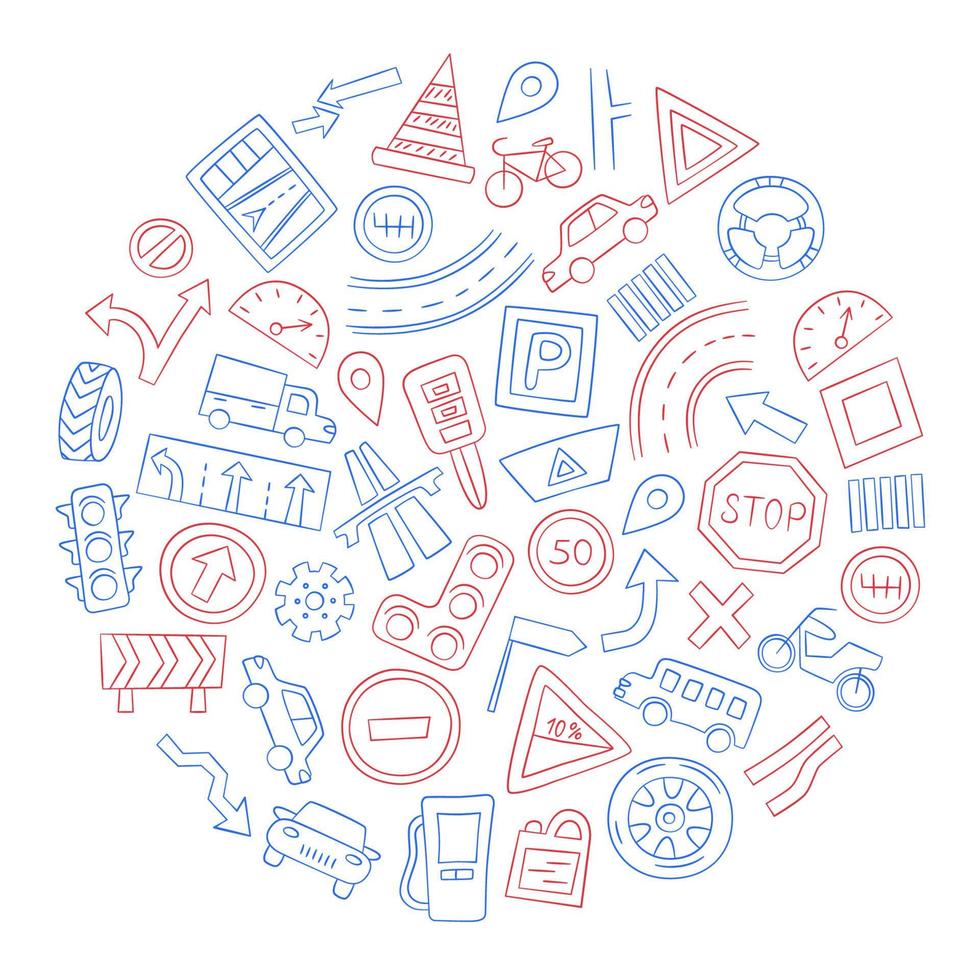 Set of cars, road objects, traffic signs and automobile symbols. Vector illustration in doodle style