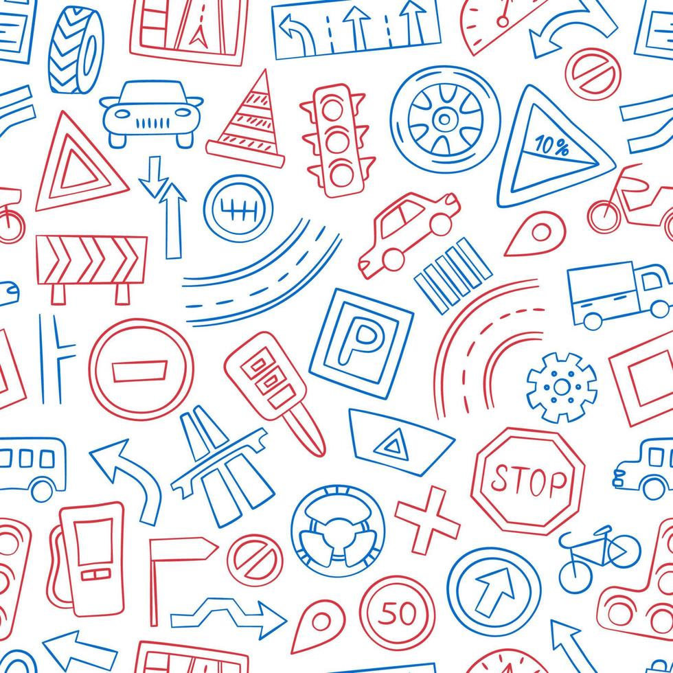 Cars, road objects, traffic signs and automobile symbols. Seamless pattern in doodle style. Vector illustration