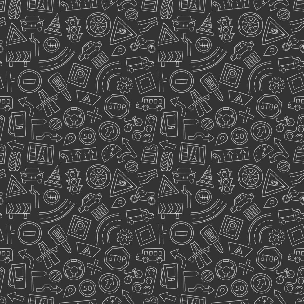 Cars, road objects, traffic signs and automobile symbols. Seamless pattern in doodle style. Vector illustration