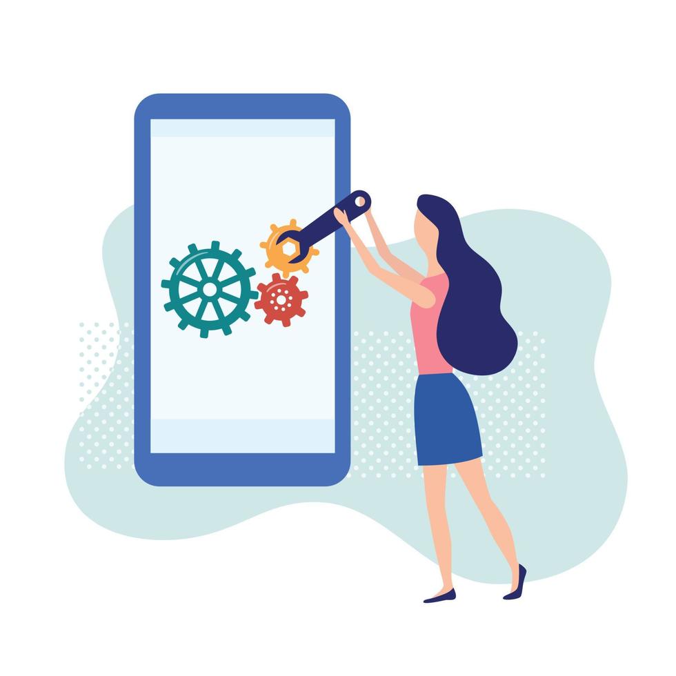 Woman with big wrench repairing phone screen with gears. Service technician with a spanner is repair big smartphone. Software configuration, debugging mobile applications. vector