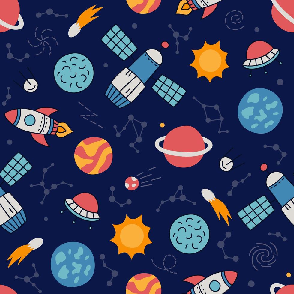 Space, planets, stars and rockets. Hand drawn seamless pattern in doodle style. Cosmos bakground. Vector illustration