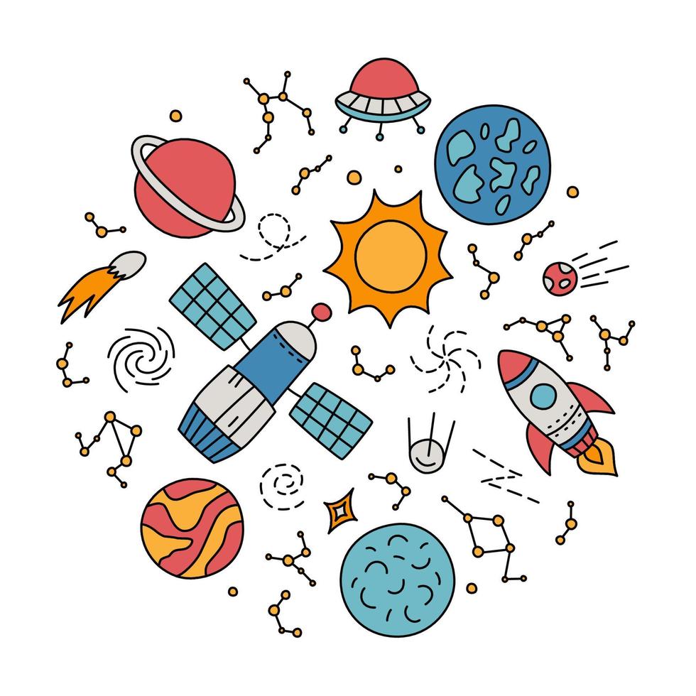 Space, planets, stars and rockets set in doodle style. Cosmos hand drawn objects. Vector illustration on white background.