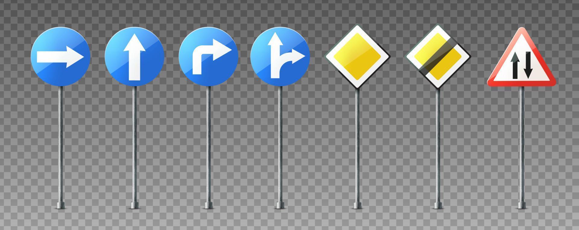 Vector realistic collection of warning and information road signs showing directions.