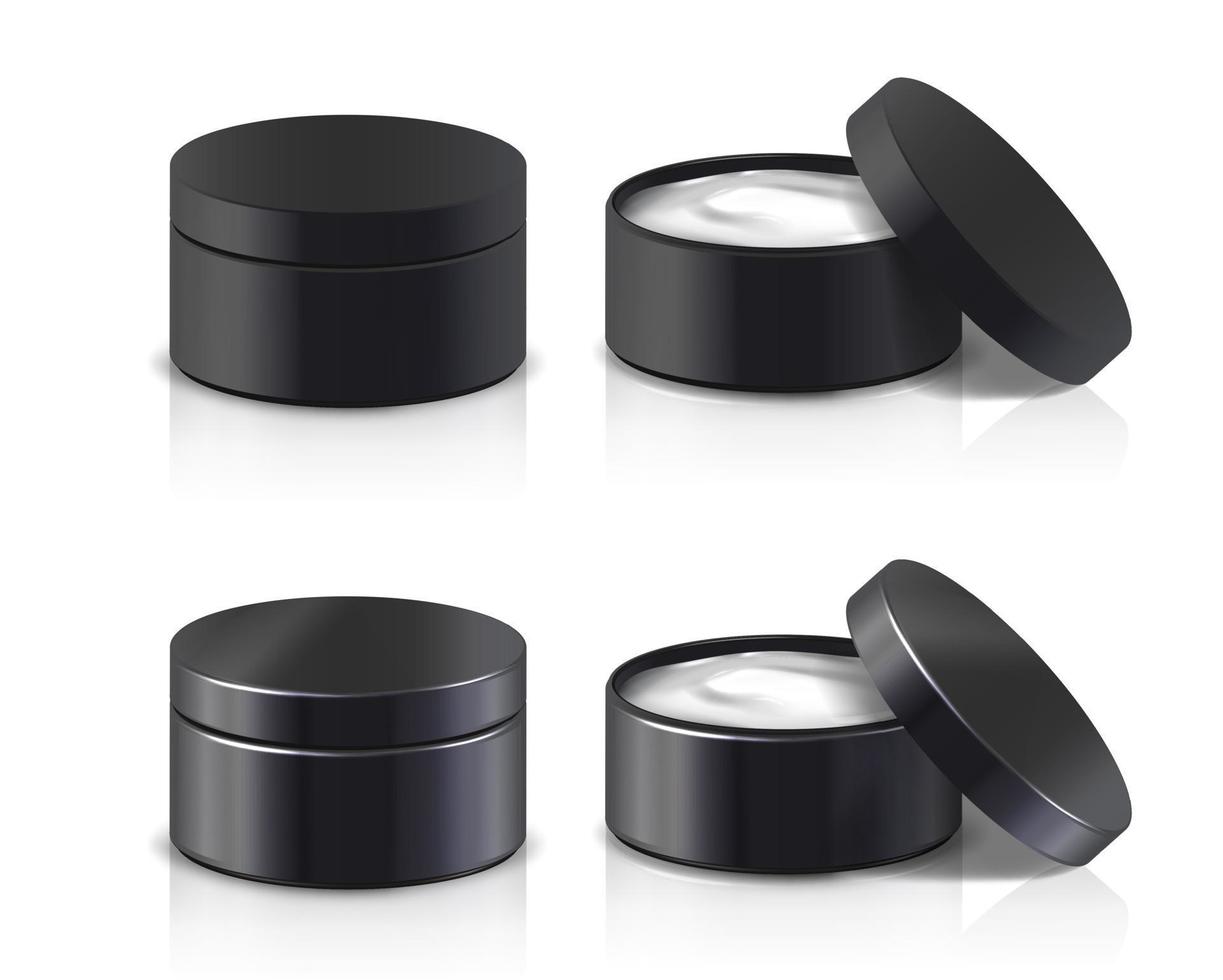 3d realistic vector collection of beauty cream jars with open lids in black color.