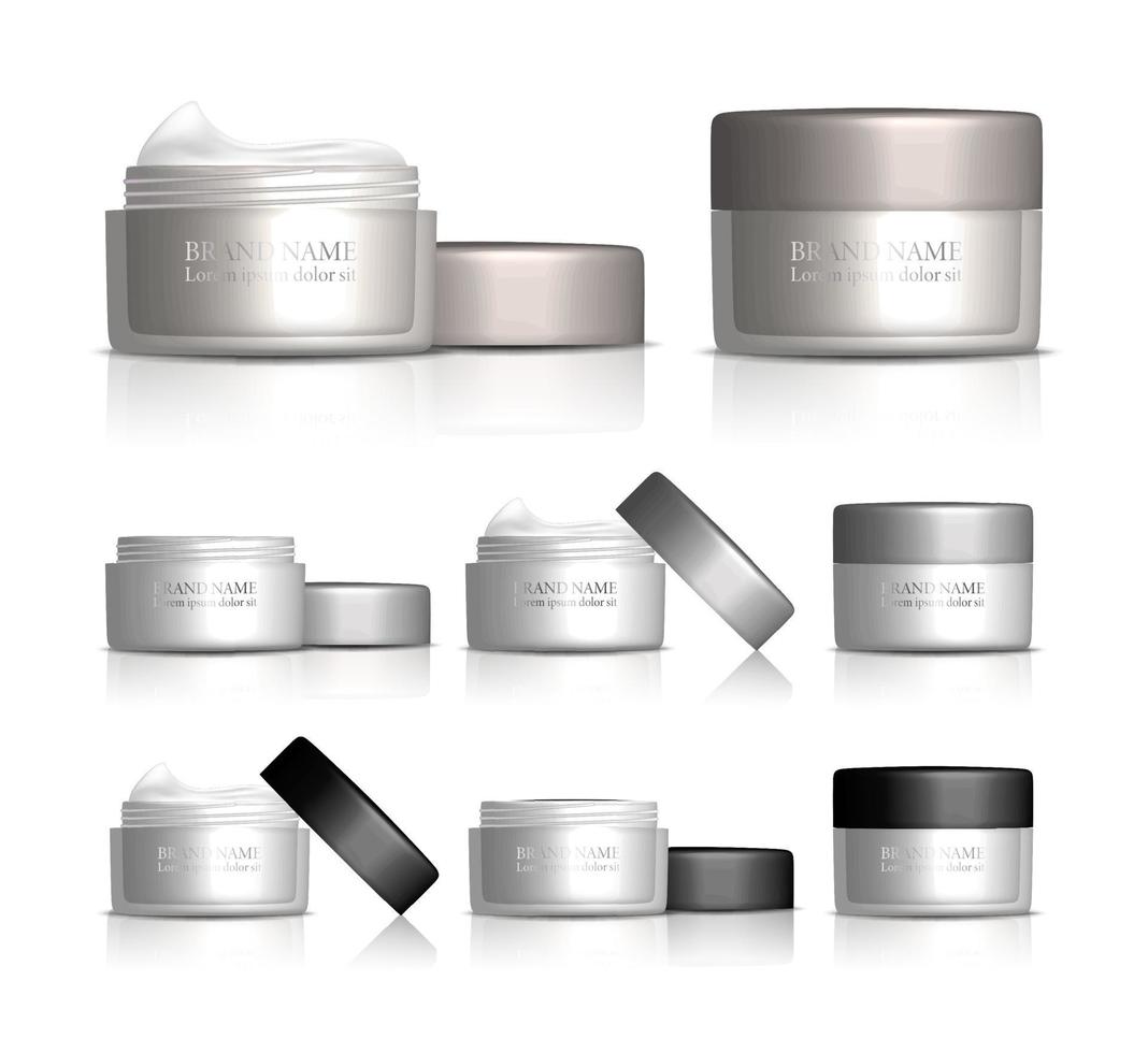 3d realistic vector white cosmetic cream jars in front view with open and closed cap. Cosmetic template elements, isolated on white background.