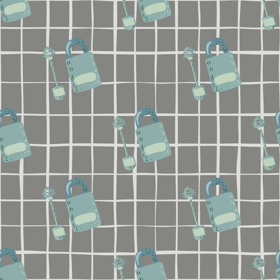 Pale blue lock and keys silhoeuttes seamless old pattern. Vintage secret print with grey chequered background. vector