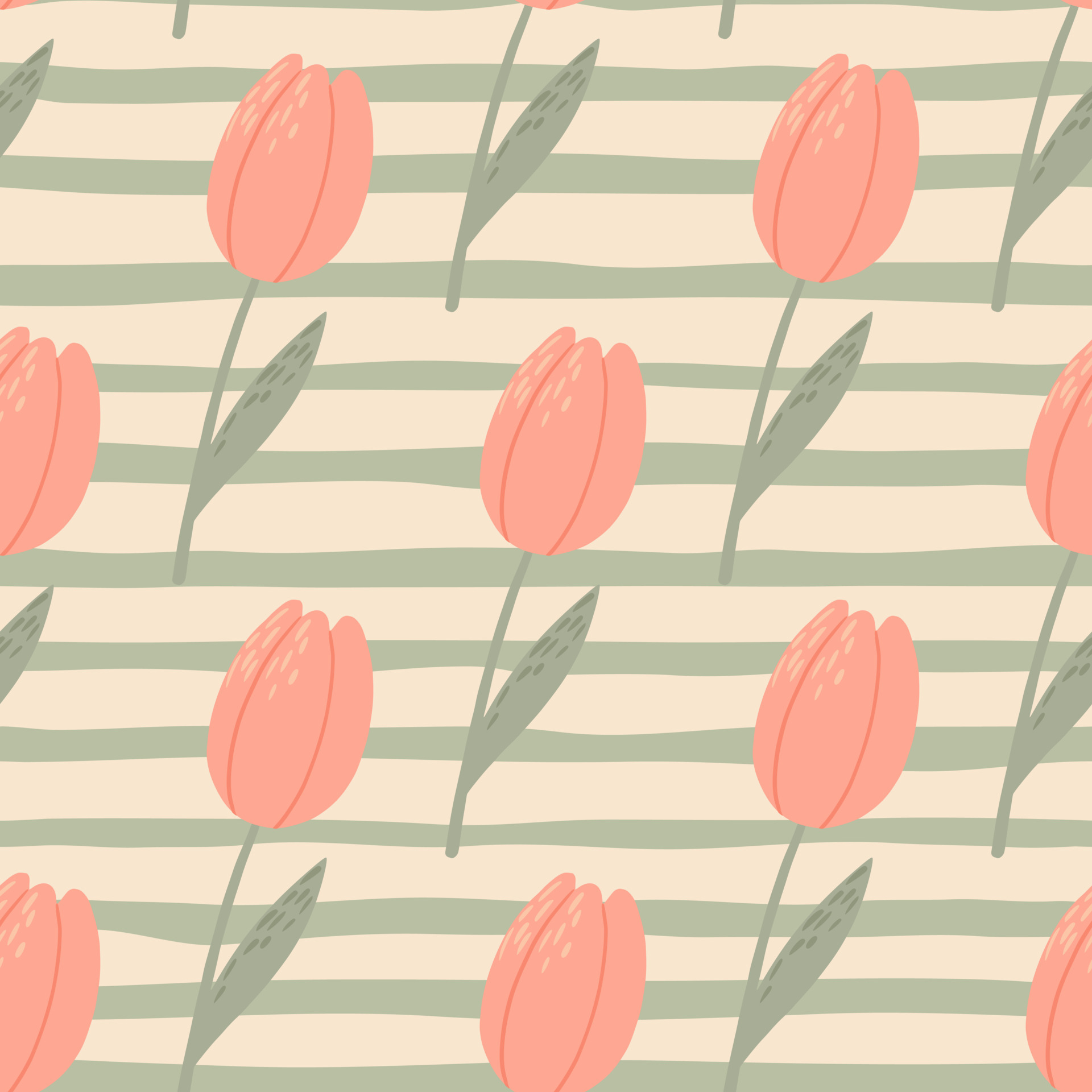 Pale seamless stylized pattern with pink tulips. Stripped grey