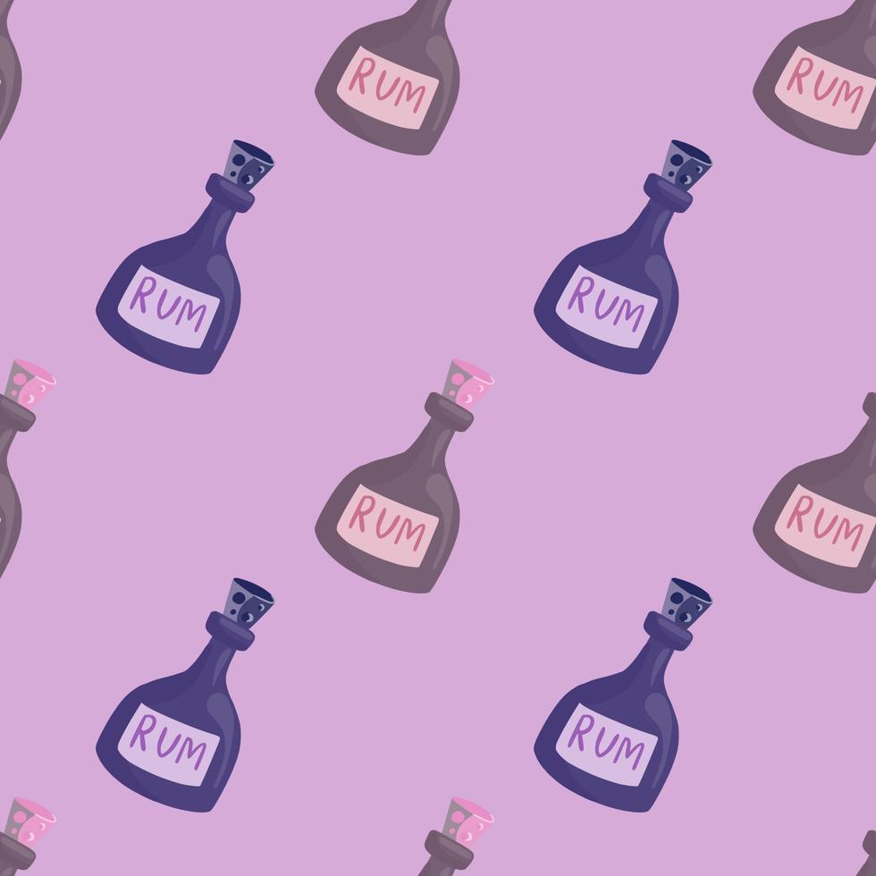 Pirate drink seamless pattern with rum bottle elements. Lilac pastel background. Alcohol backdrop. vector