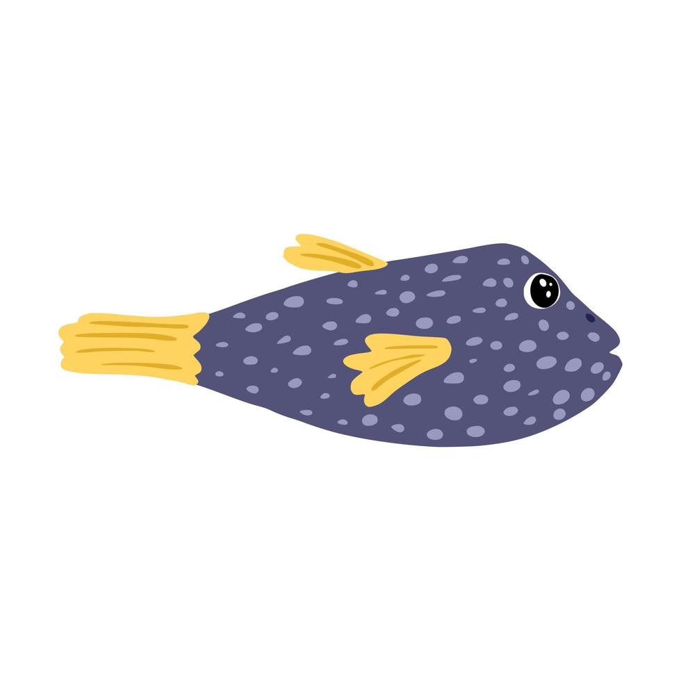 Puffer isolated on white background. Cute aquatic character blue color in hand drawn style. vector