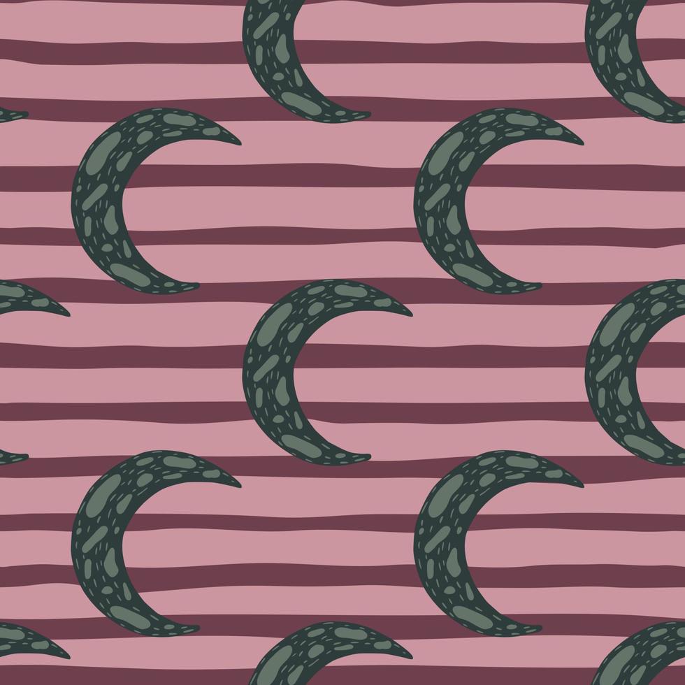 Dark navy blue moons seamless doodle pattern. Pink and lilac striped background. Scandi childish backdrop. vector