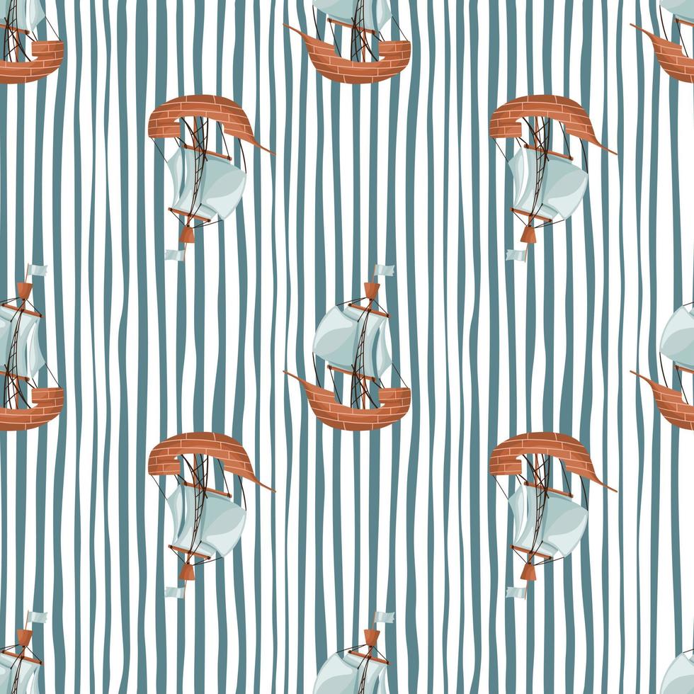 Marine transport seamless pattern with sailboat ship simple silhouettes. Striped blue and white background. vector
