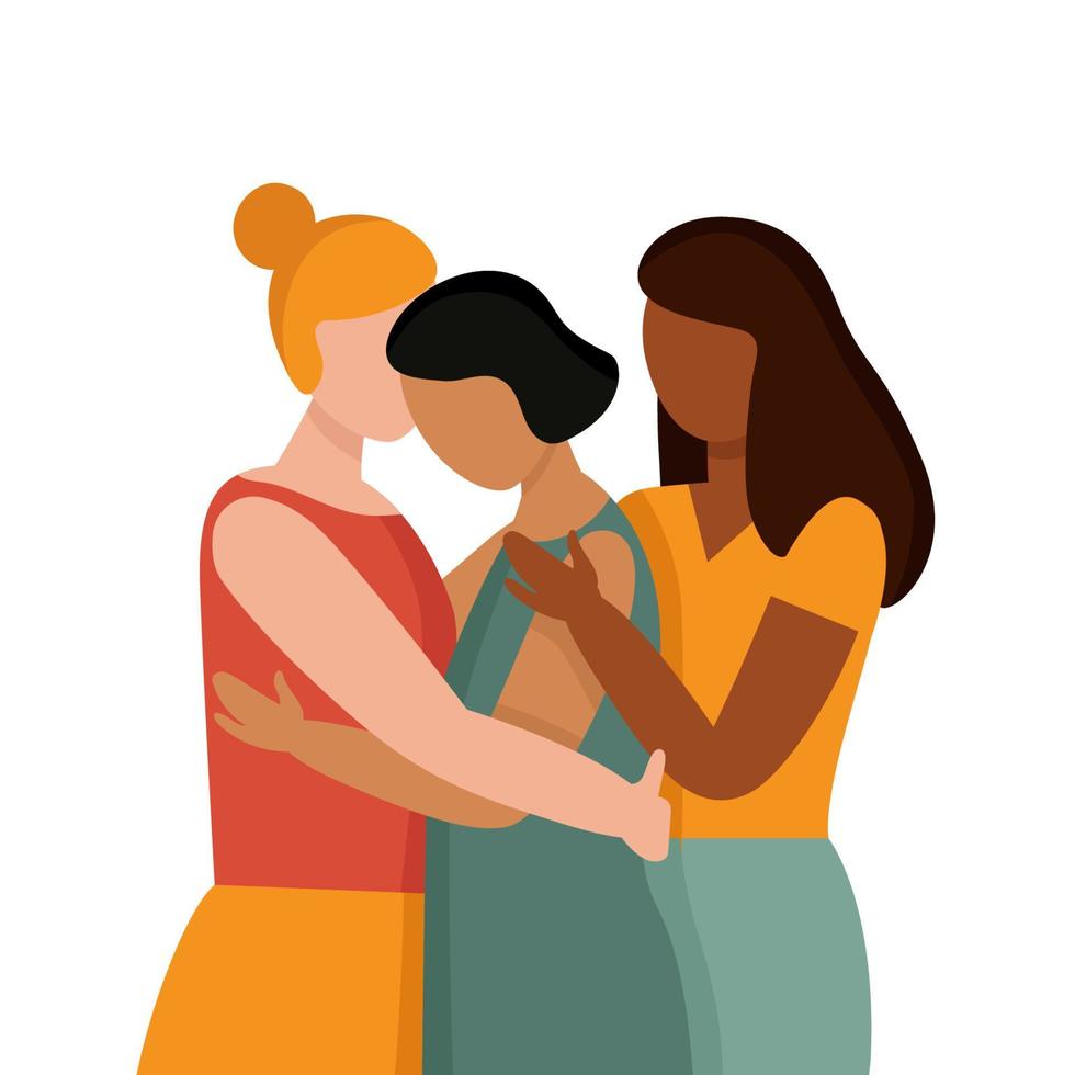 Women with different skin colors hug. The concept of anti racism, the unity of different races, a friendly hug. African, Asian and European races. Flat vector illustration isolated