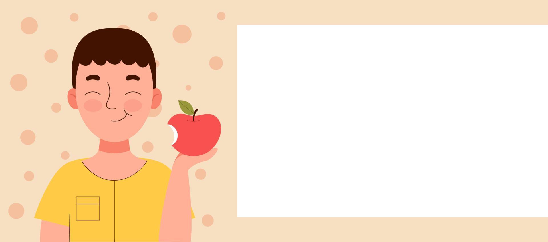 lindo niño sonriente comiendo una manzana. merienda escolar, comida saludable, dieta de frutas, vitaminas para niños. banner para sitio web. spase para texto, template.flat vector ilustración stock de dibujos animados