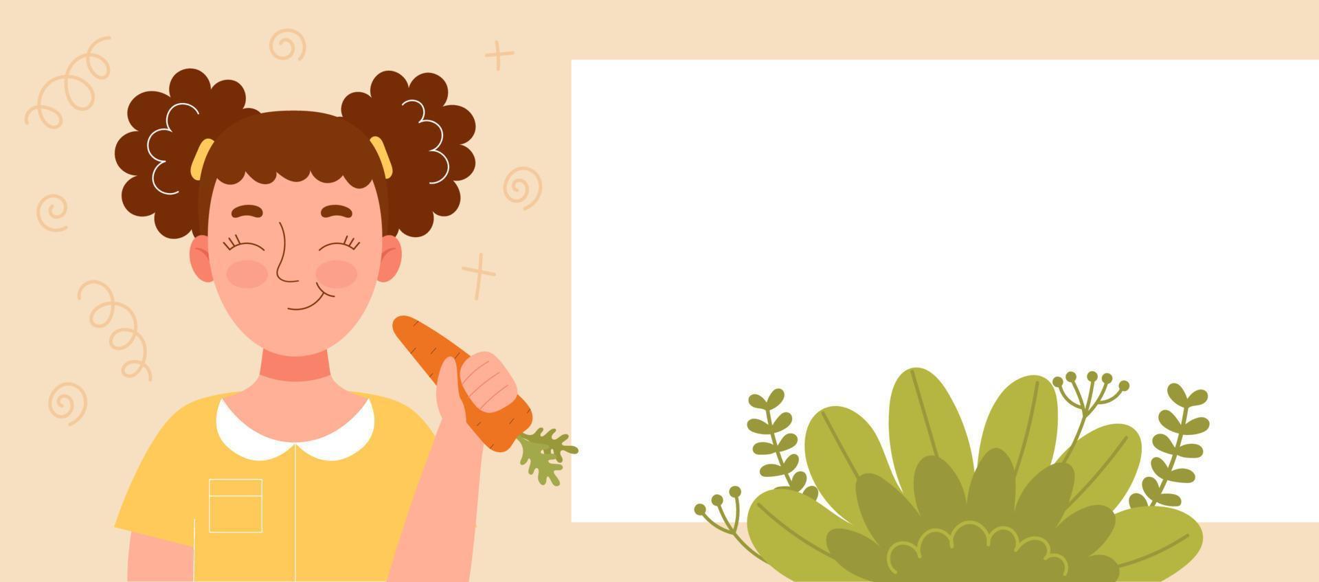 linda chica sonriente comiendo una manzana. merienda escolar, comida saludable, dieta de frutas, vitaminas para niños. banner para sitio web. spase para texto, template.flat vector ilustración stock de dibujos animados