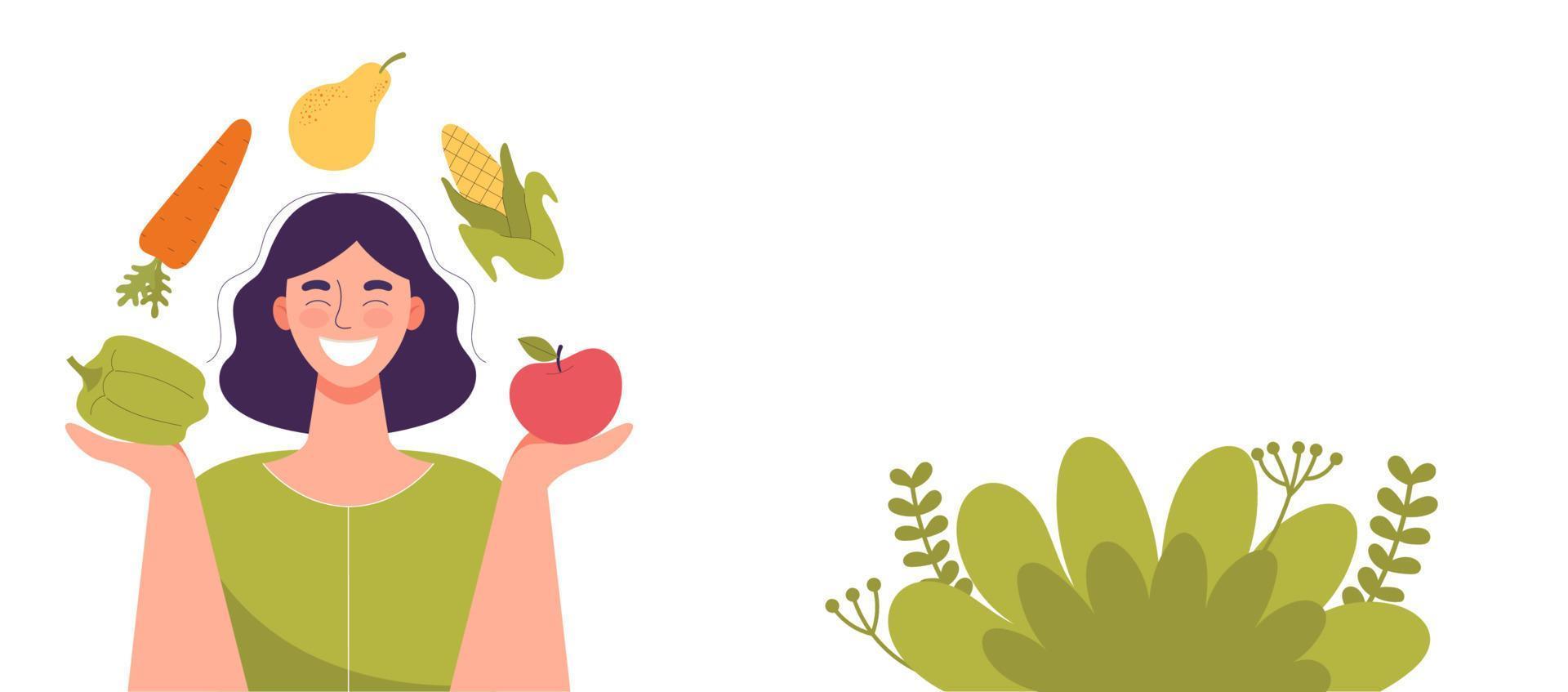 mujer sonriente con verduras y frutas en sus manos. comida saludable, concepto de dieta, dieta de alimentos crudos, vegetariano. banner para sitio web, espacio para texto, plantilla. ilustración de vector de dibujos animados plana