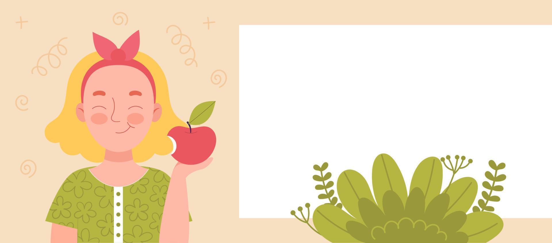 linda chica sonriente comiendo una manzana. merienda escolar, comida saludable, dieta de frutas, vitaminas para niños. banner para sitio web. spase para texto, template.flat vector ilustración stock de dibujos animados