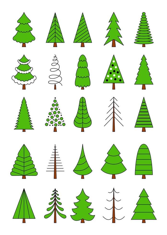 A set of Christmas trees in a simple outline style. Stylized elements for New Year and Christmas. Festive celebration. Greeting card, wrapping paper. Isolated vector illustration on white background.