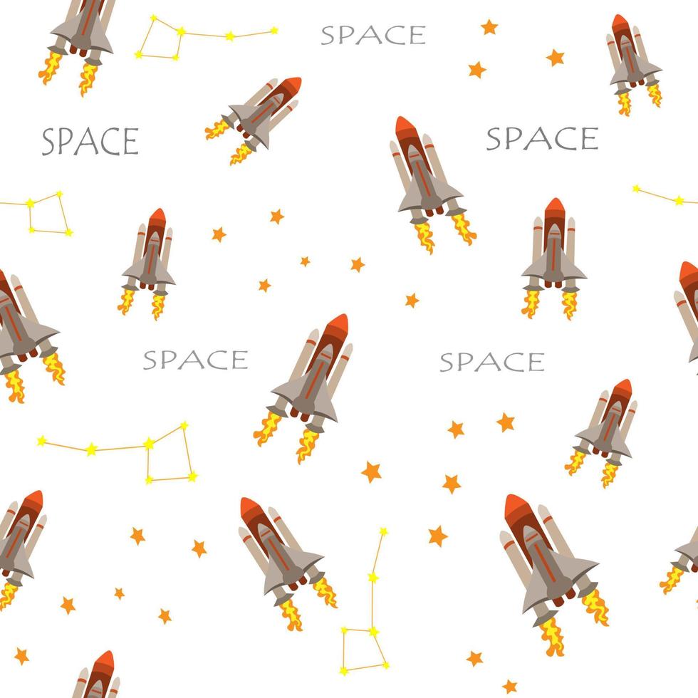space seamless pattern with rocket, stars and constellations and slogan SPACE highlighted on white background. Background of the starry sky with cosmic elements. Children's Vector, hand-drawn vector