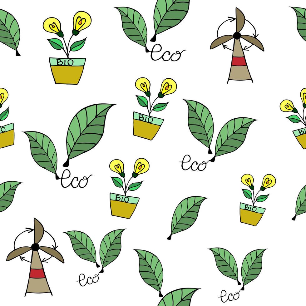 seamless ecological pattern for nature conservation, electricity, with green leaves. for printing packages, leaflets, on fabric, in diary. icons Ecology, Nature, Energy. for your design. vector
