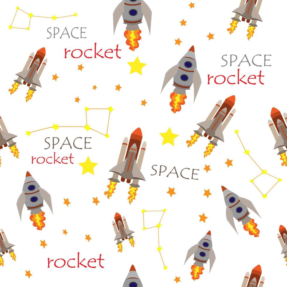 space seamless pattern with two rockets, stars and constellations and the slogan SPACE, ROCKET. Background of the starry sky with cosmic elements. Trendy kids vector background, hand-drawn