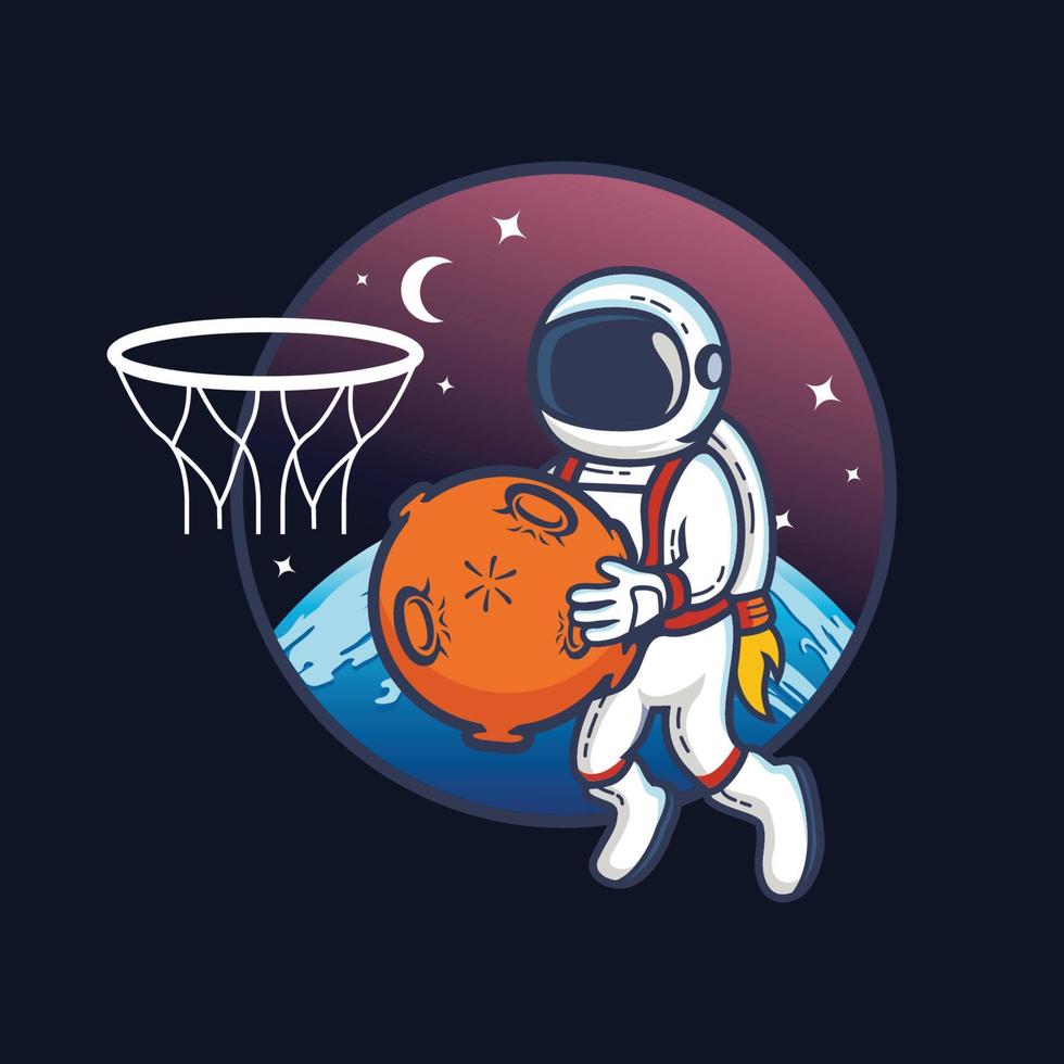 Astronaut playing basketball with planet ball in outer space, Design element for logo, poster, card, banner, emblem, t shirt. Vector illustration