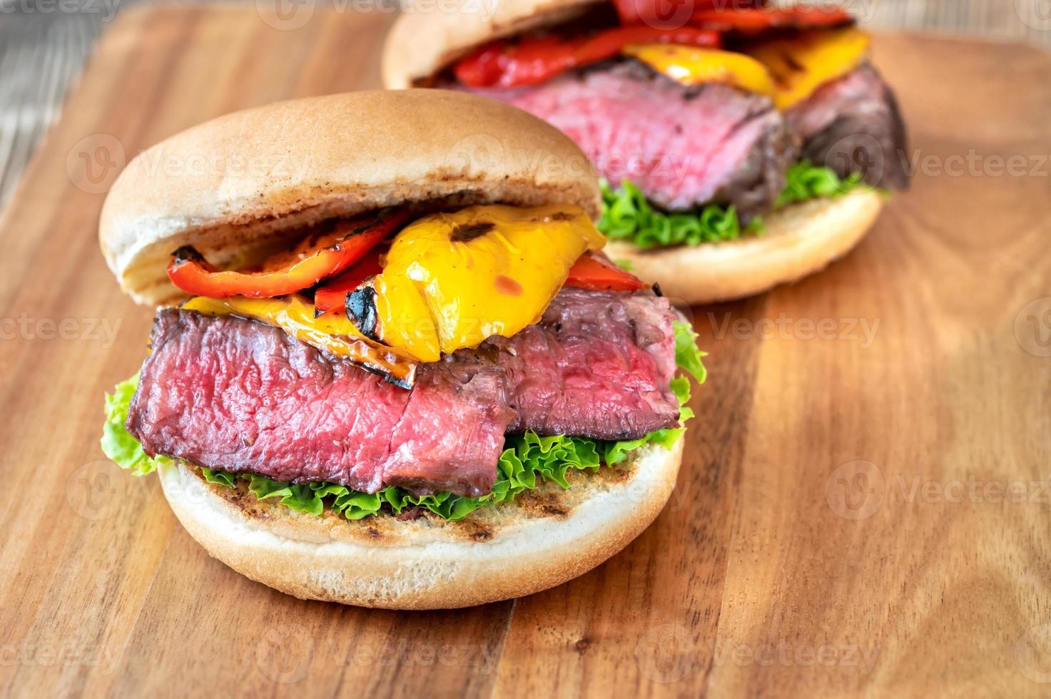 Sandwiches with grilled steak and bell peppers photo